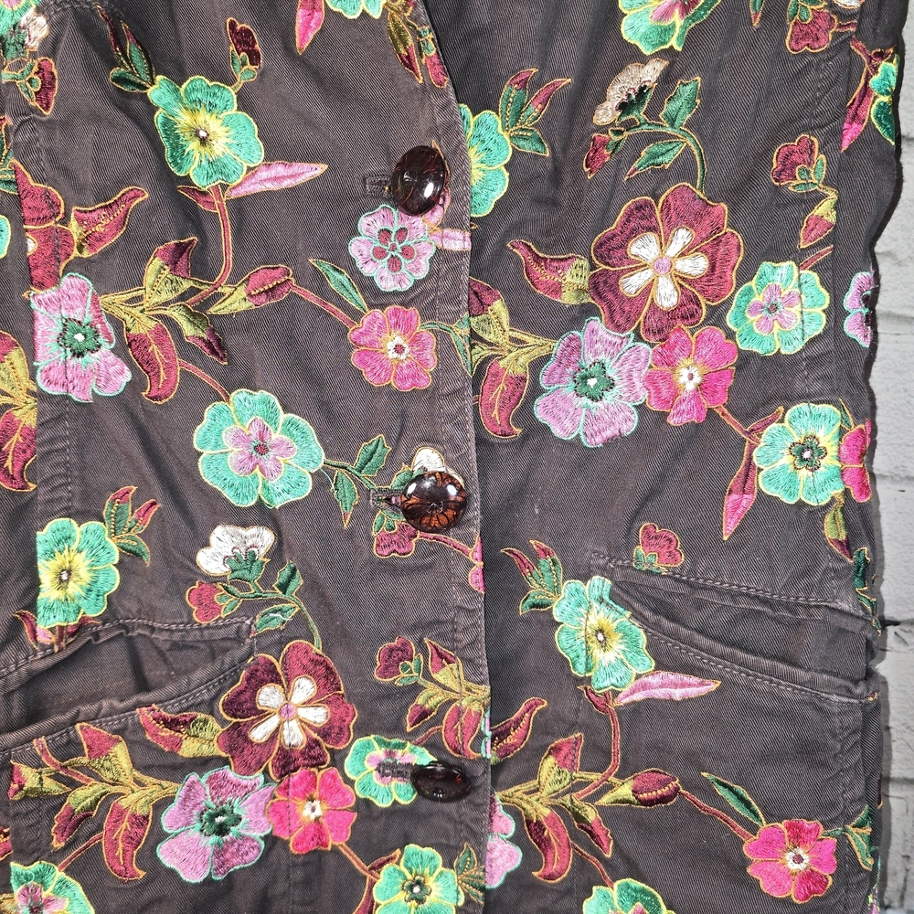 JOHNNY WAS CHOCOLATE BROWN FLORAL EMBROIDERED TRENCH COAT WOMENS XS - Picture 4 of 9
